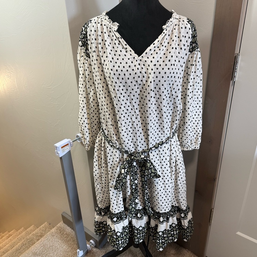 Knox Rose Black White‎ V-Neck Embroidered Long Sleeve Tie Detail Dress Milkmaid